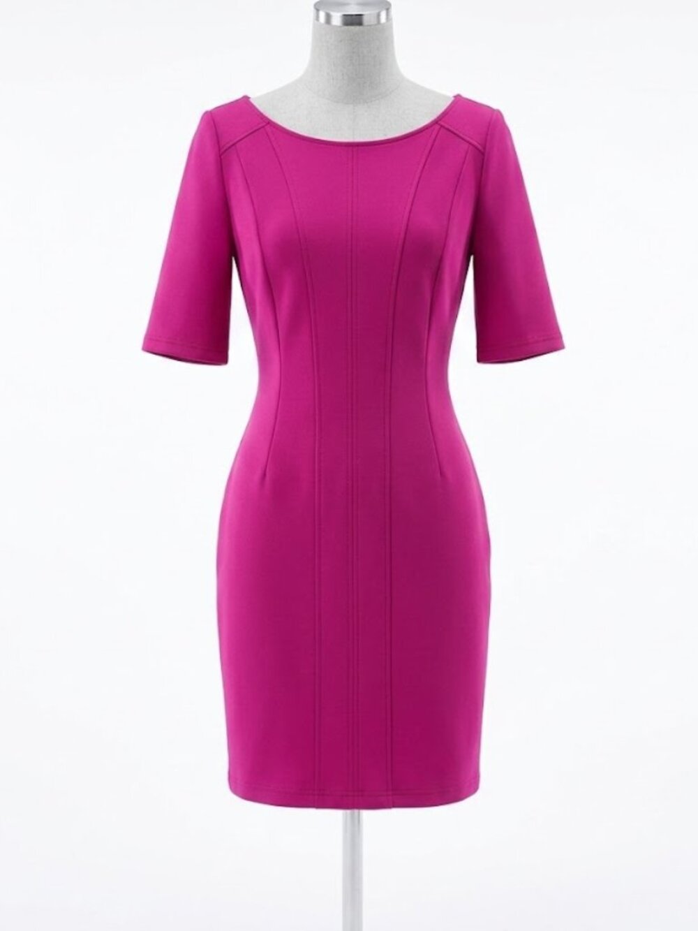 LDT Magenta Bodycon Dress Fuchsia Structured Sheath Midi Pink Sculpted Seam, 6